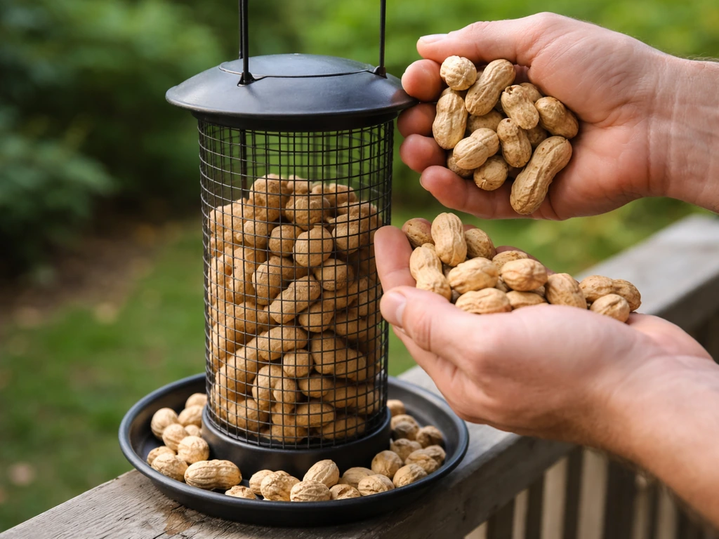 Close-up of hands filling a backyard bird feeder with raw in-shell peanuts.