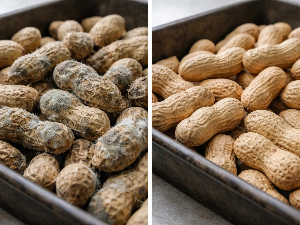 Side-by-side photo of moldy peanuts versus clean peanuts in a tray, showing aflatoxin risk visually.