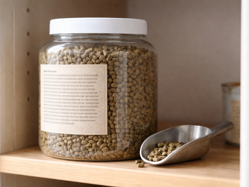 Close-up of a jar of dry animal-feed pellets with a blurred label suggesting preservatives.
