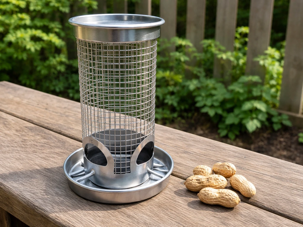 Clean, dry peanut feeder on a wood surface with a few peanuts nearby in natural daylight.