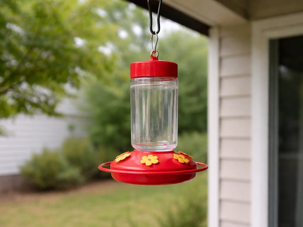 Nectar feeder hanging in a quiet backyard near a window with clear open space for safer bird flight