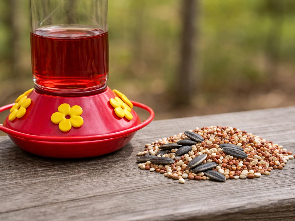 Pile of sunflower/safflower/millet bird seed next to a hummingbird nectar feeder, no hummingbird visible.
