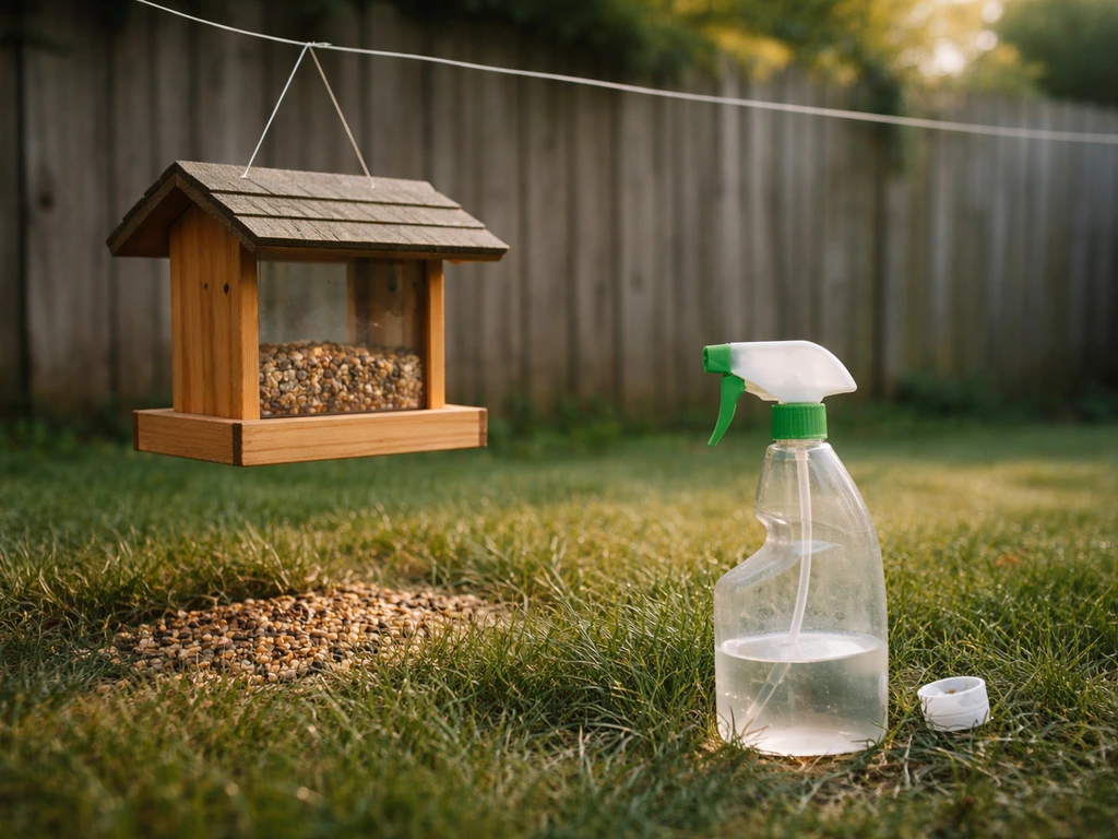 Bird feeder and a Bird Stop repellent bottle in a backyard, suggesting safety and ingestion risk.