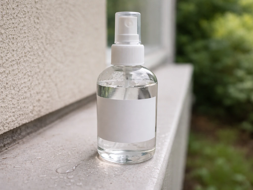Close-up of a clear bottle of liquid bird repellent with a small sprayer setup outdoors near a window.