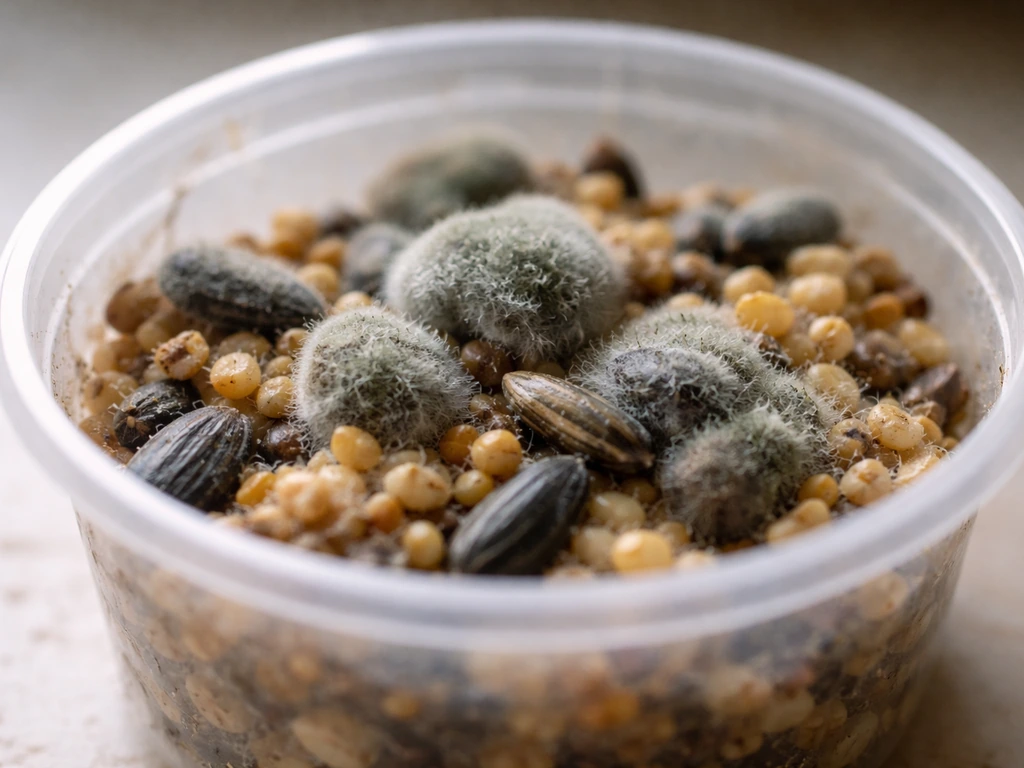 Close-up of moldy bird seed with visible fuzzy growth in a small container.