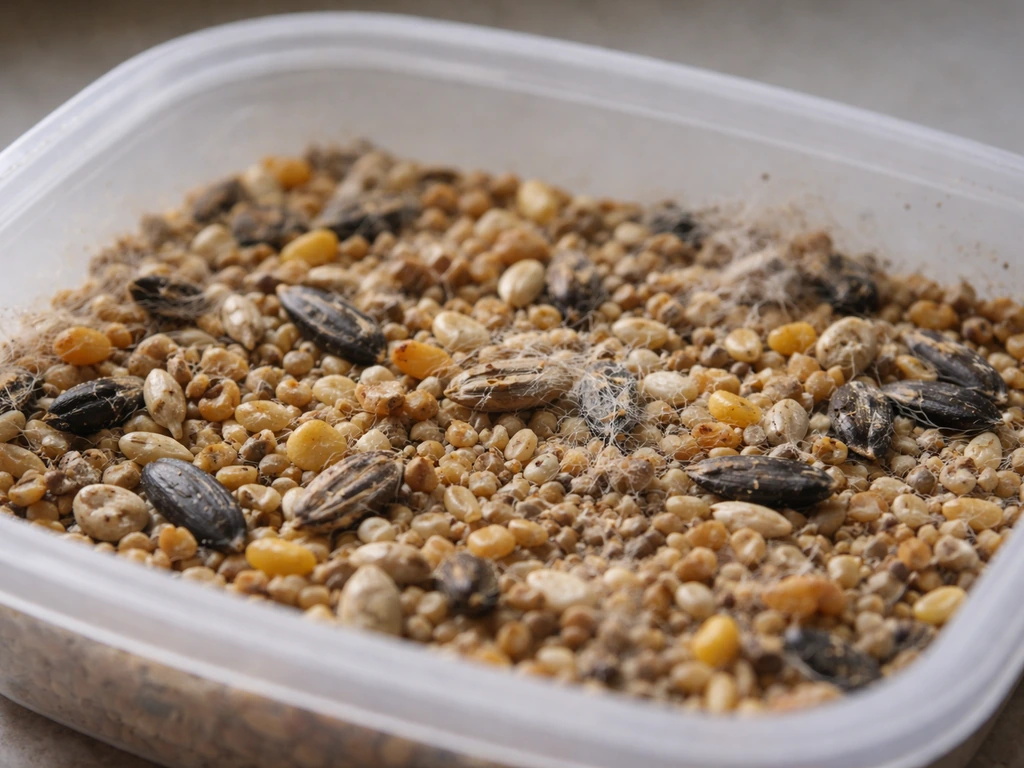 Close-up of old stored bird seed showing small insect holes and damage in a simple container.