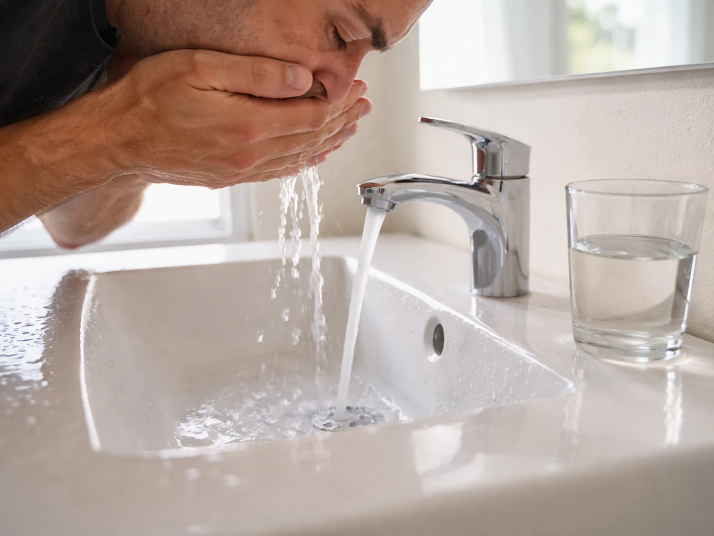 Close-up of hands rinsing mouth over a sink with a glass of water nearby for immediate first aid.