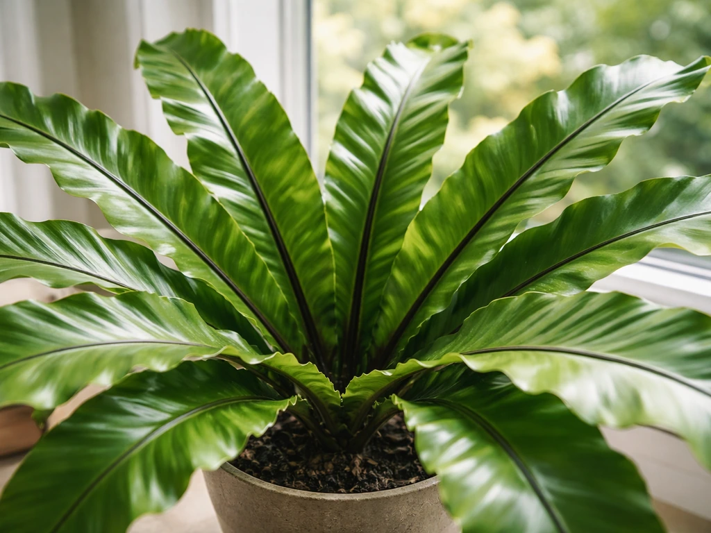 Close-up of a bird nest fern rosette indoors with soft natural light and blurred greenery background.