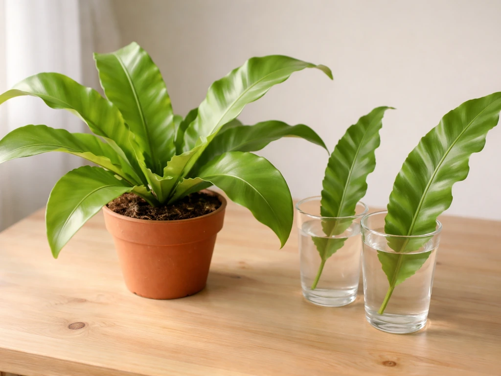 Bird nest fern in a pot with a few lookalike fern fronds nearby for side-by-side shape comparison.