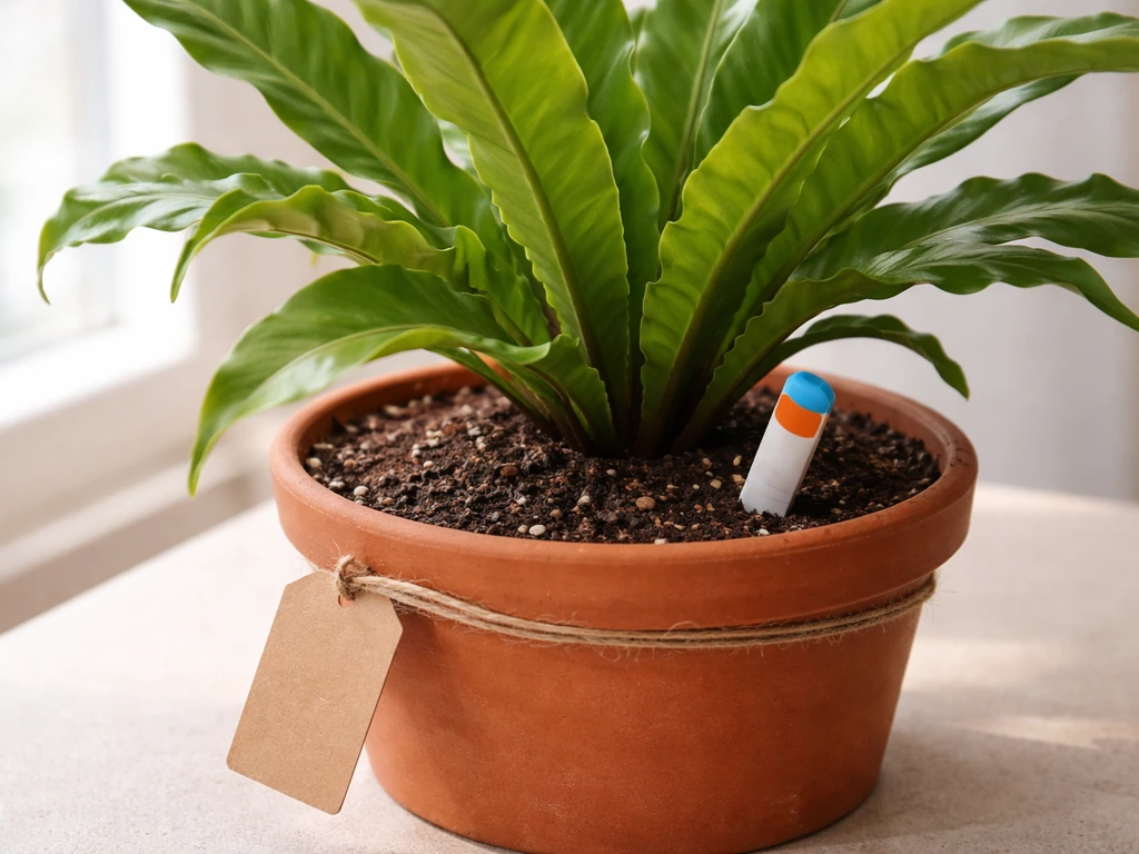 Close-up of a bird nest fern in a pot, showing potting mix and a nursery tag, suggesting residue risk.