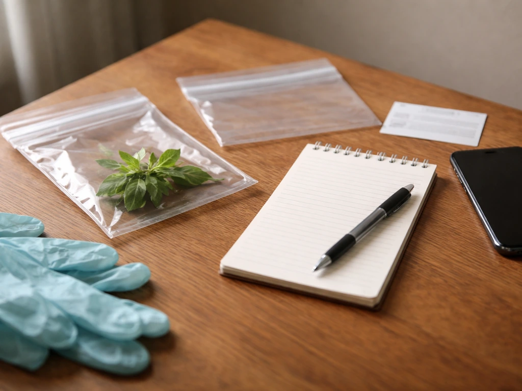 Minimal tabletop scene with a plant specimen bag, notepad for symptom notes, and a phone nearby