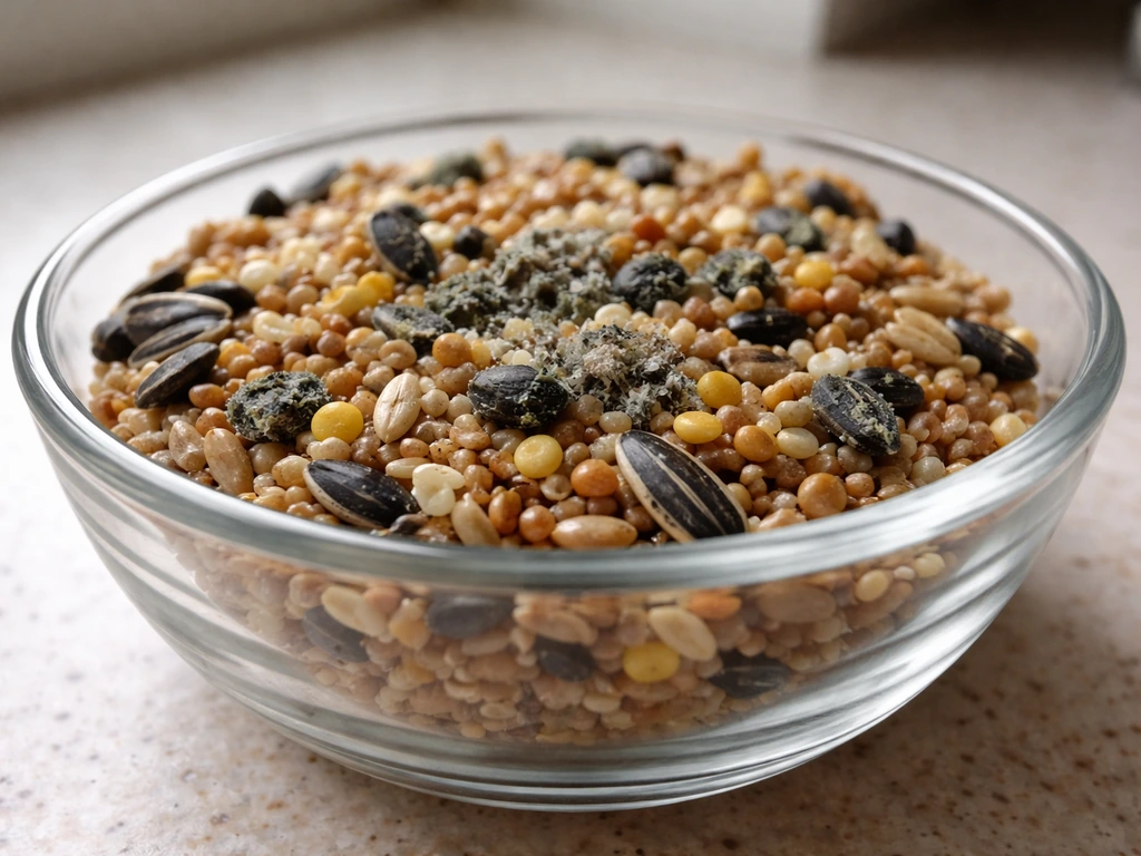 Close-up of damp, clumped bird seed with subtle early mold specks in a glass bowl