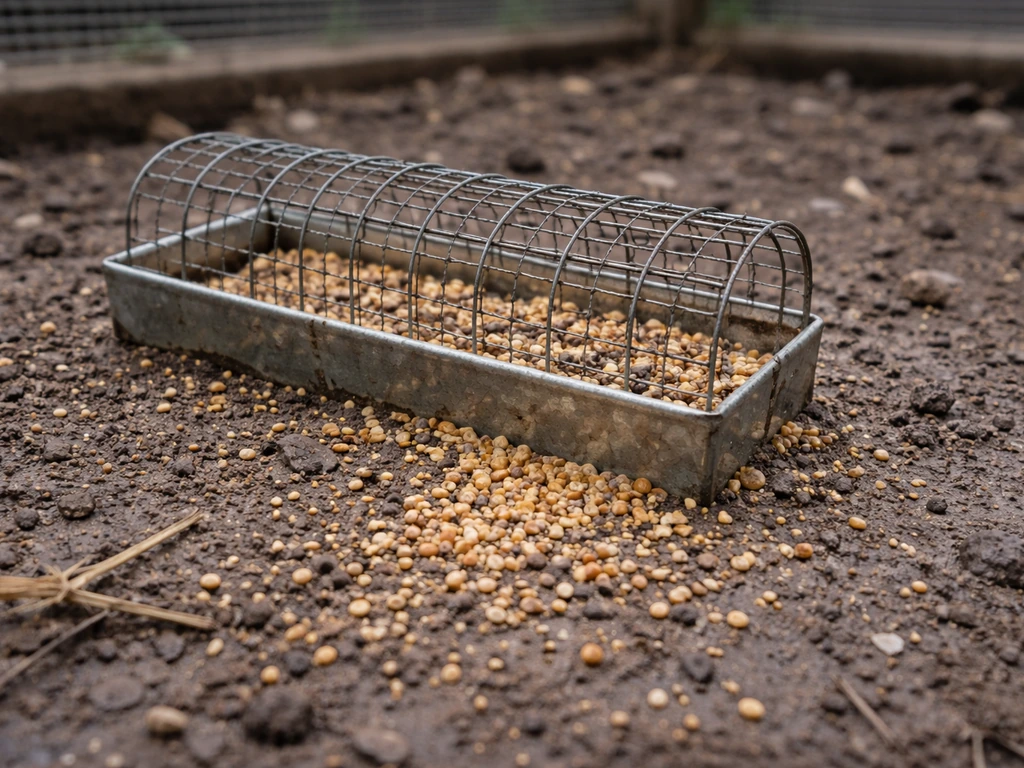 Quail feeder with old seed and dirty ground scatter, showing poor feeder hygiene and spoilage risk.