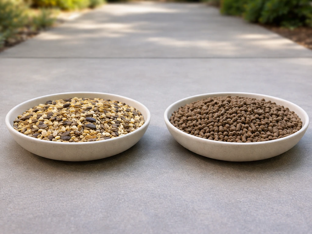 Two bowls of bird feed side by side: wild bird seed mix on one side, quail/gamebird pellets on the other.
