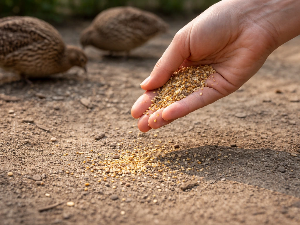 Hand scattering a small handful of dry bird seed on clean ground where quail peck nearby.
