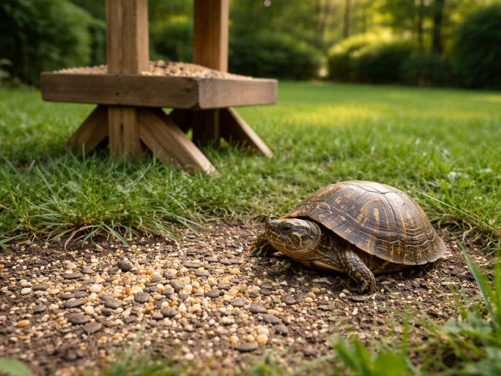 Small turtle near scattered bird seed on the ground beside a backyard bird feeder.