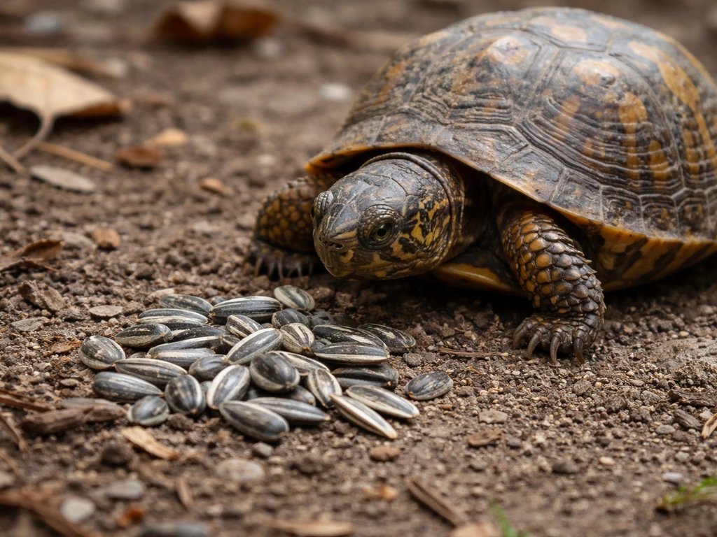 Close-up of a turtle beside fallen dry bird seeds on the ground