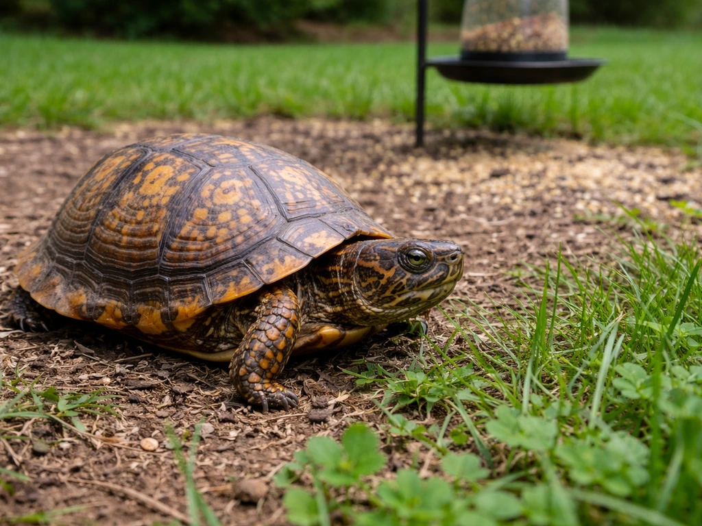 A box turtle foraging at the edge of a backyard lawn near a bird feeder.