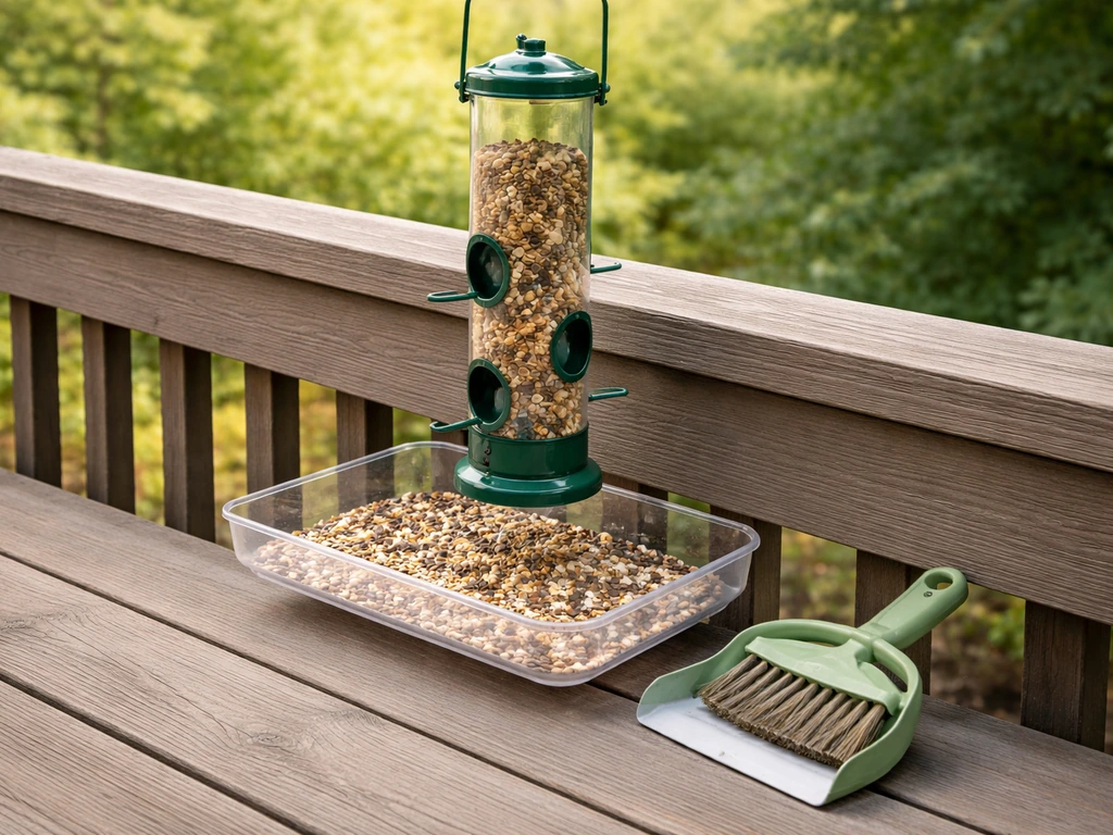 Elevated bird feeder with catch tray on a patio, with a small cleanup tool nearby.