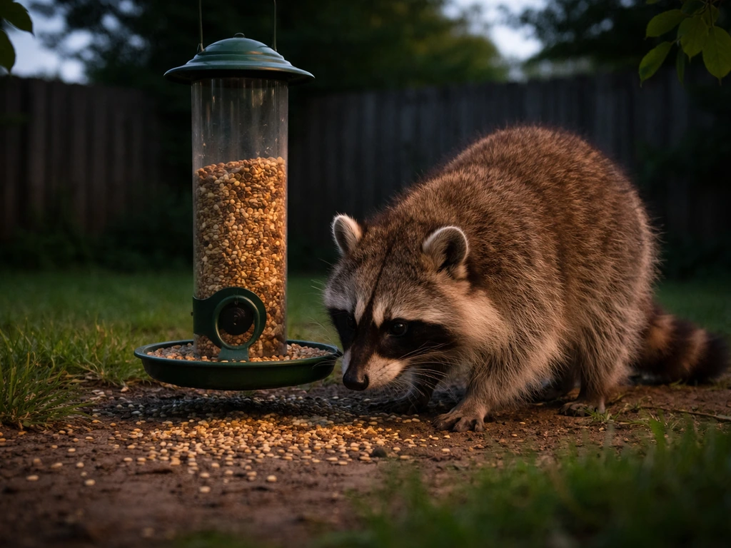 Raccoon reaching toward a backyard bird feeder with scattered bird seed on the ground.