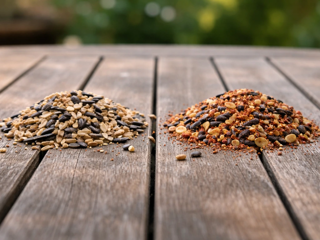Close-up of two small piles of bird seed—untreated and hot-pepper/capsaicin-treated—on a wooden surface.
