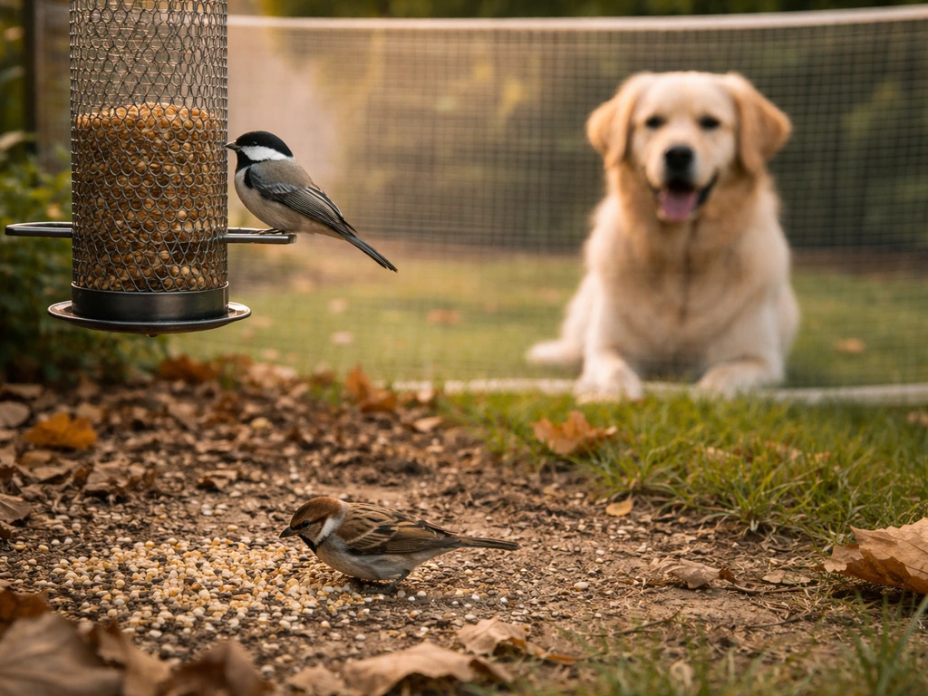 Small birds feed at a backyard feeder while a dog waits behind a simple barrier, safely nearby.