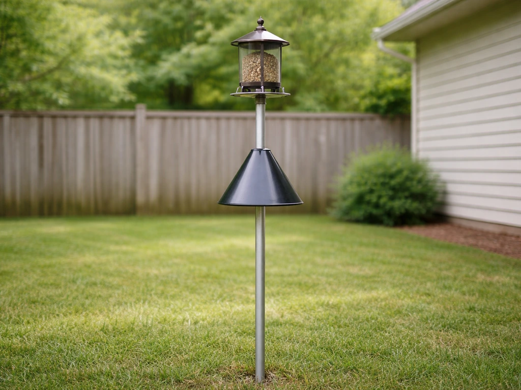 Feeder mounted high on a smooth metal pole with a cone baffle, spaced away from nearby structures