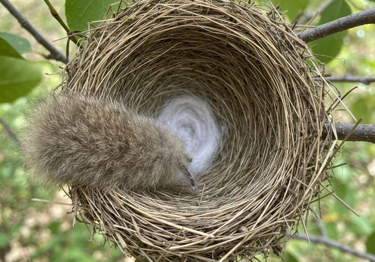 Close-up of a bird nest with safe natural lining beside a clearly separate bundle of cat fur