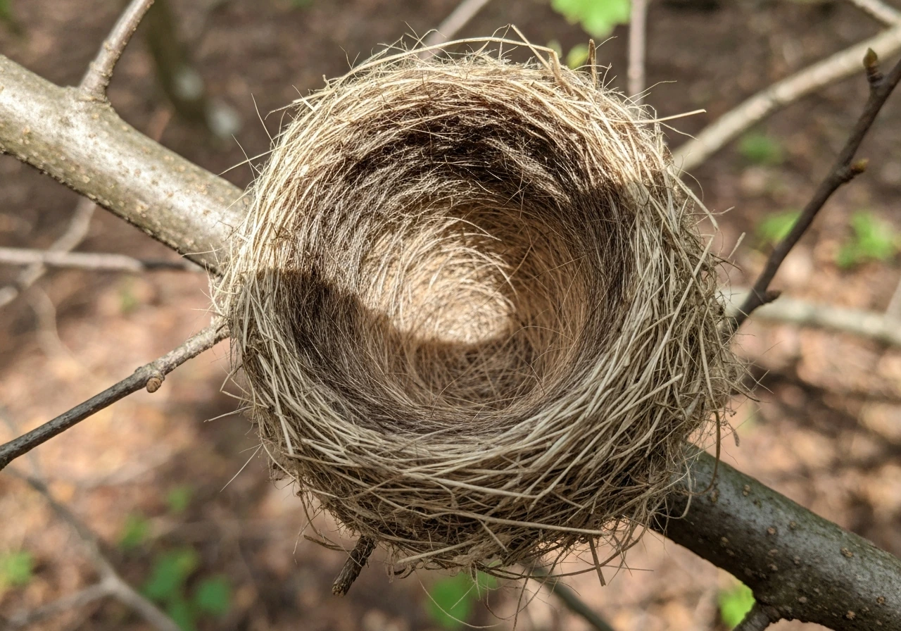 Open bird nest cup with soft fibers and a few stray fur strands, showing a dampness downside.