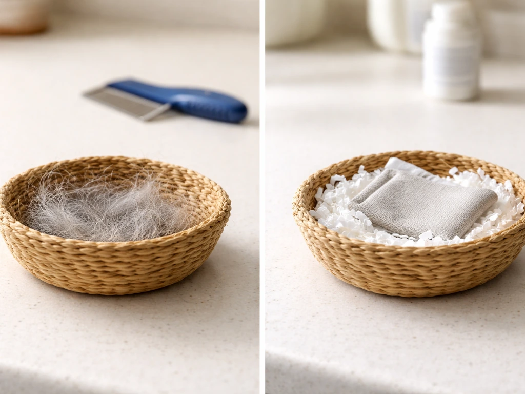 Two small nesting cups side by side: cat hair on one, clean paper/cotton lining on the other.