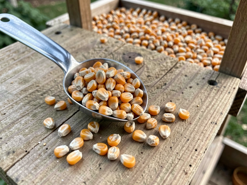 Plain dried cracked corn ready to scatter on a platform feeder