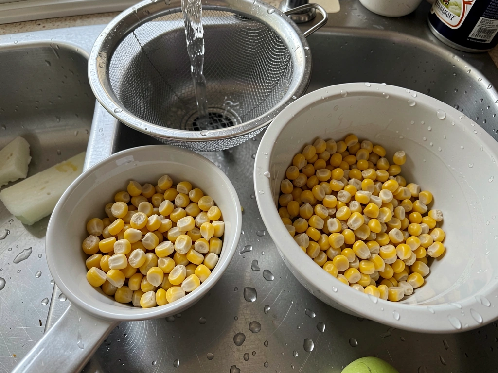 Rinsing and preparing plain corn kernels with no seasoning for birds