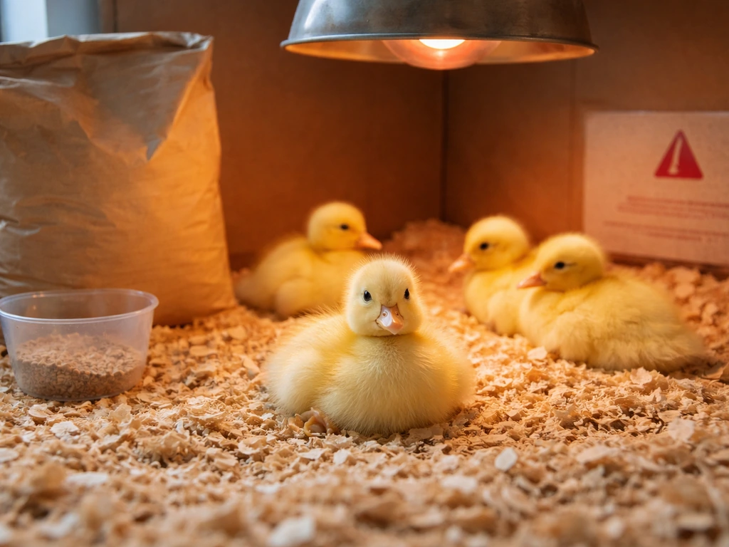 Ducklings in a brooder with a nearby game bird starter feed bag and a generic warning symbol area.