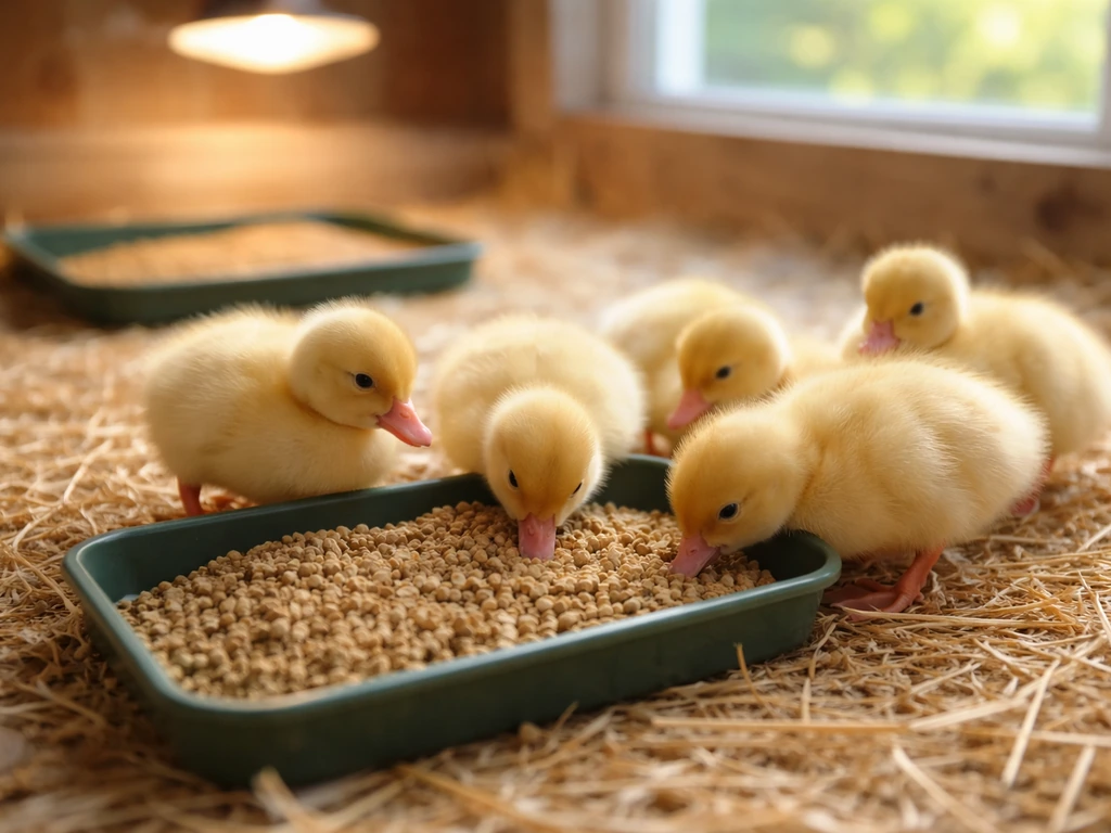 Ducklings eating from a clean brooder feeder setup with fresh duckling feed, simple farm setting.