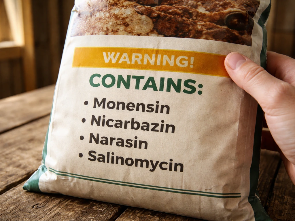 Close-up of a poultry feed bag label showing ionophore-related ingredients like monensin and narasin.