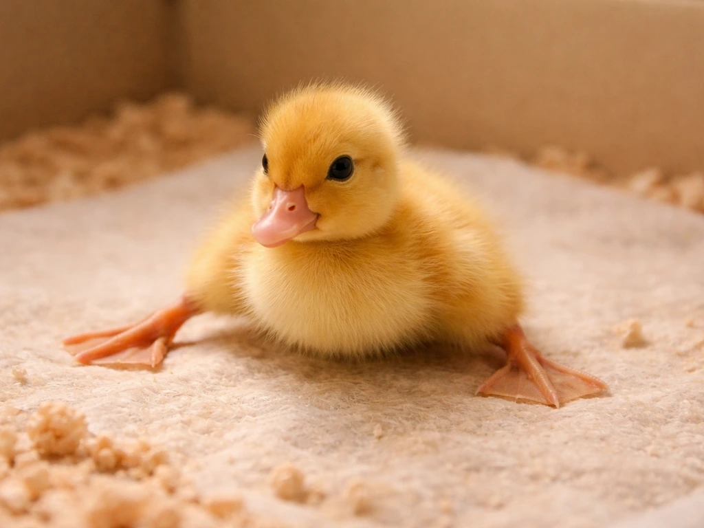 Close-up of a duckling with splayed legs and weak posture on soft bedding, alert and reassessing its feeding area.