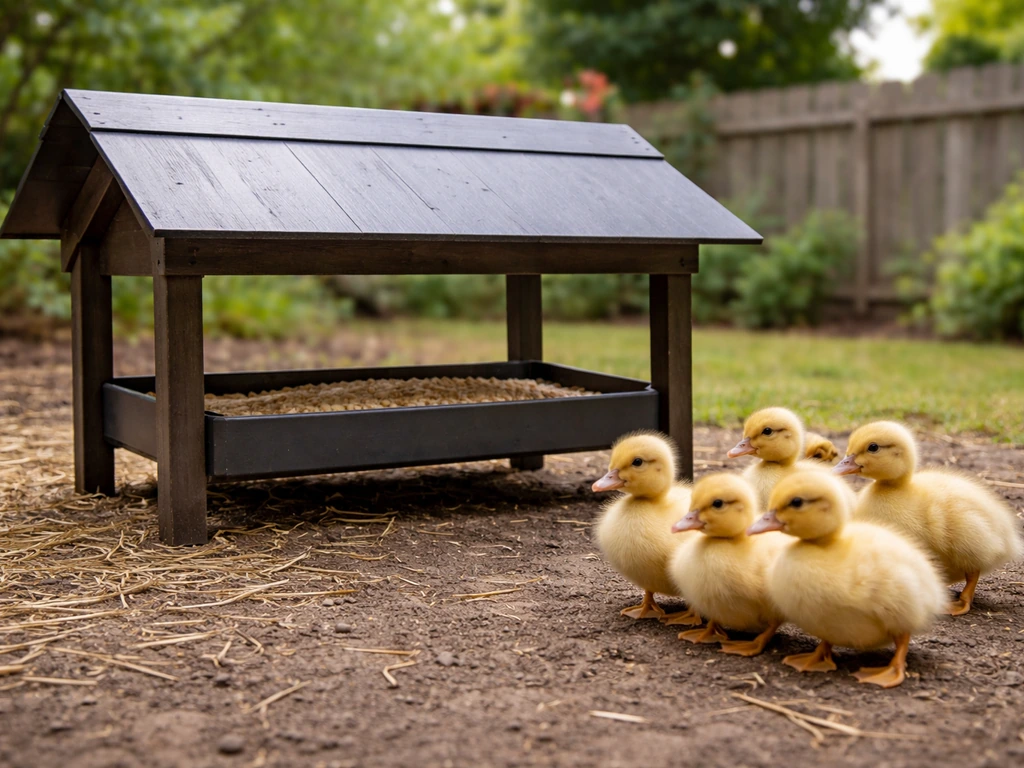 Ducklings safely feeding near a covered elevated feeder in a clean backyard garden area.