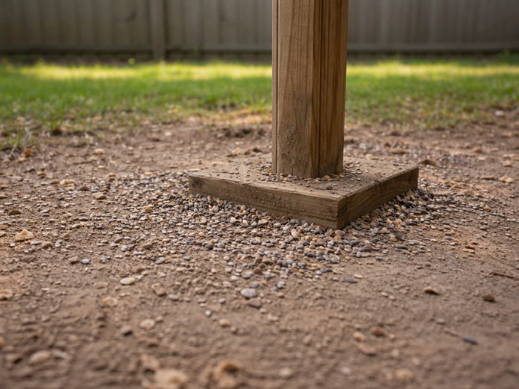 Backyard ground beneath a bird feeder with scattered seed hulls and dust.