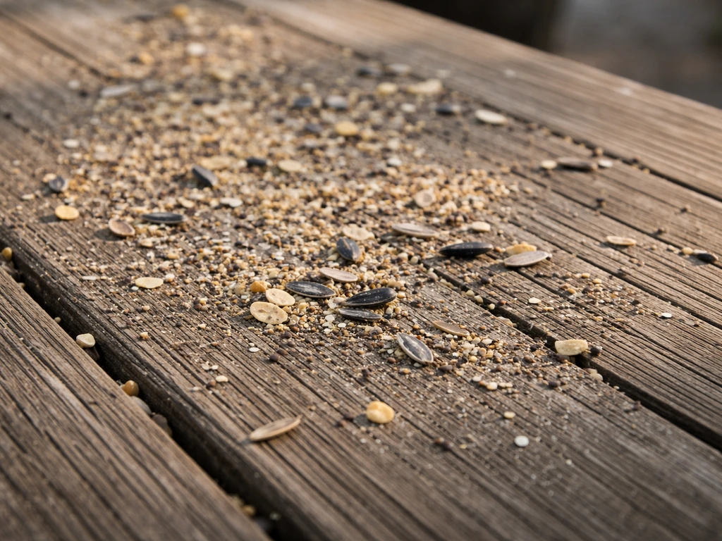 Close-up of seed chaff and hull fragments scattered on weathered wood like under a bird feeder