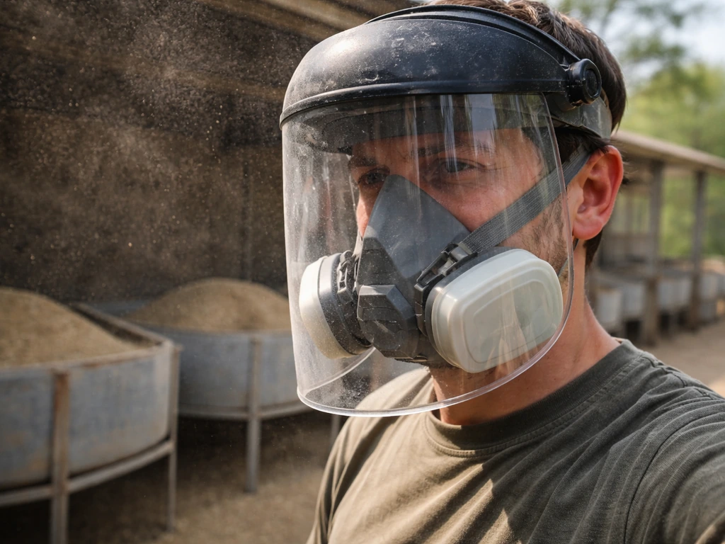 Masked person wearing eye protection near a dusty feeder area, with airborne seed dust suggesting irritation.
