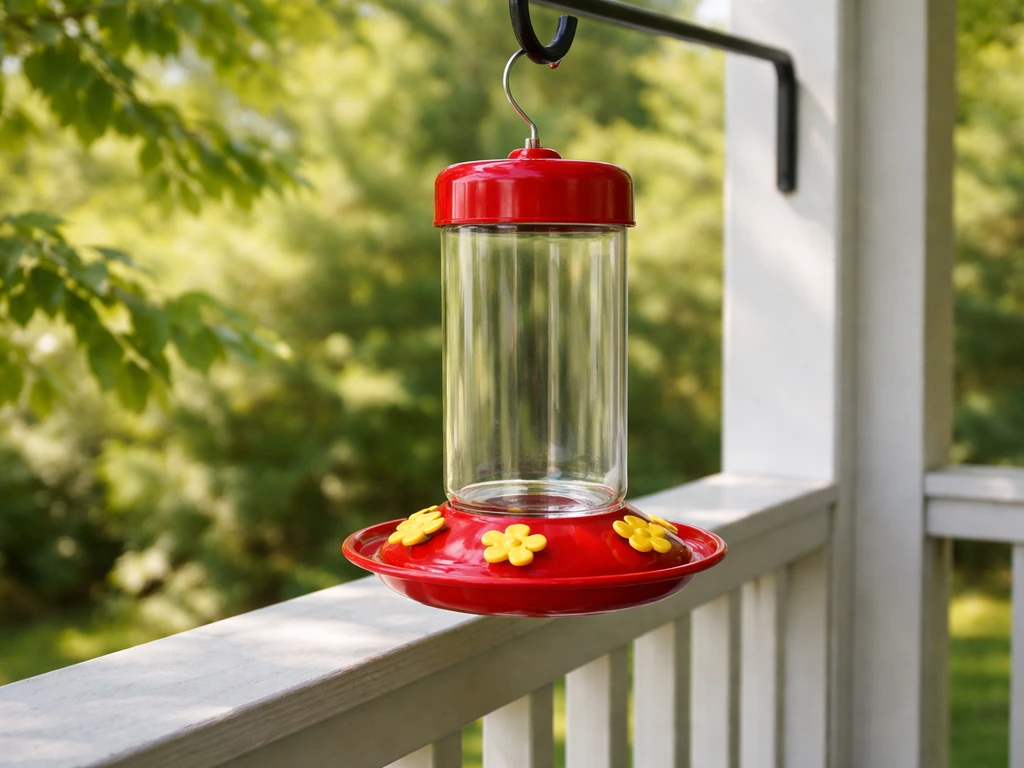 Clean hummingbird nectar feeder hanging on a patio rail with a fresh, well-aired background.