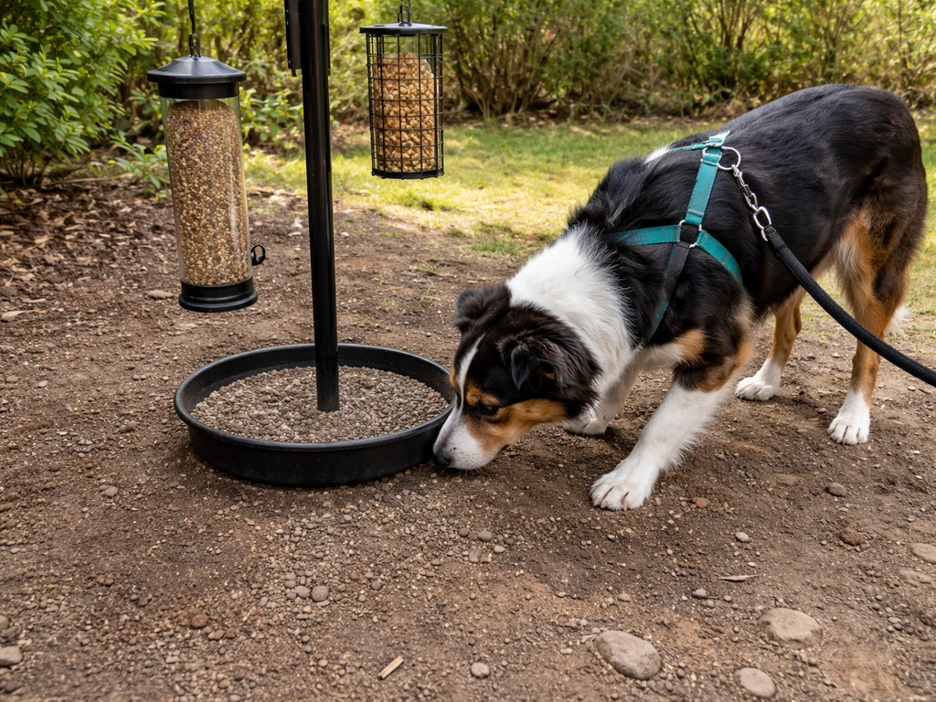 Dog sniffing near a cleaned feeder area on a leash, with small scatter of seed-free ground for safety context.