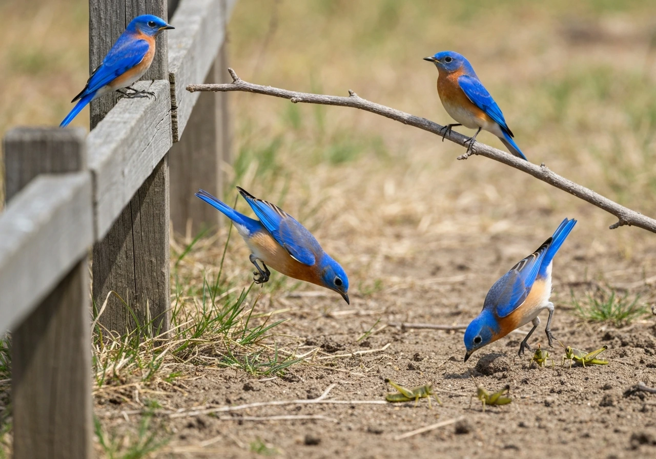 Three bluebirds perched on a fence, then dropping to the ground to catch grasshoppers.