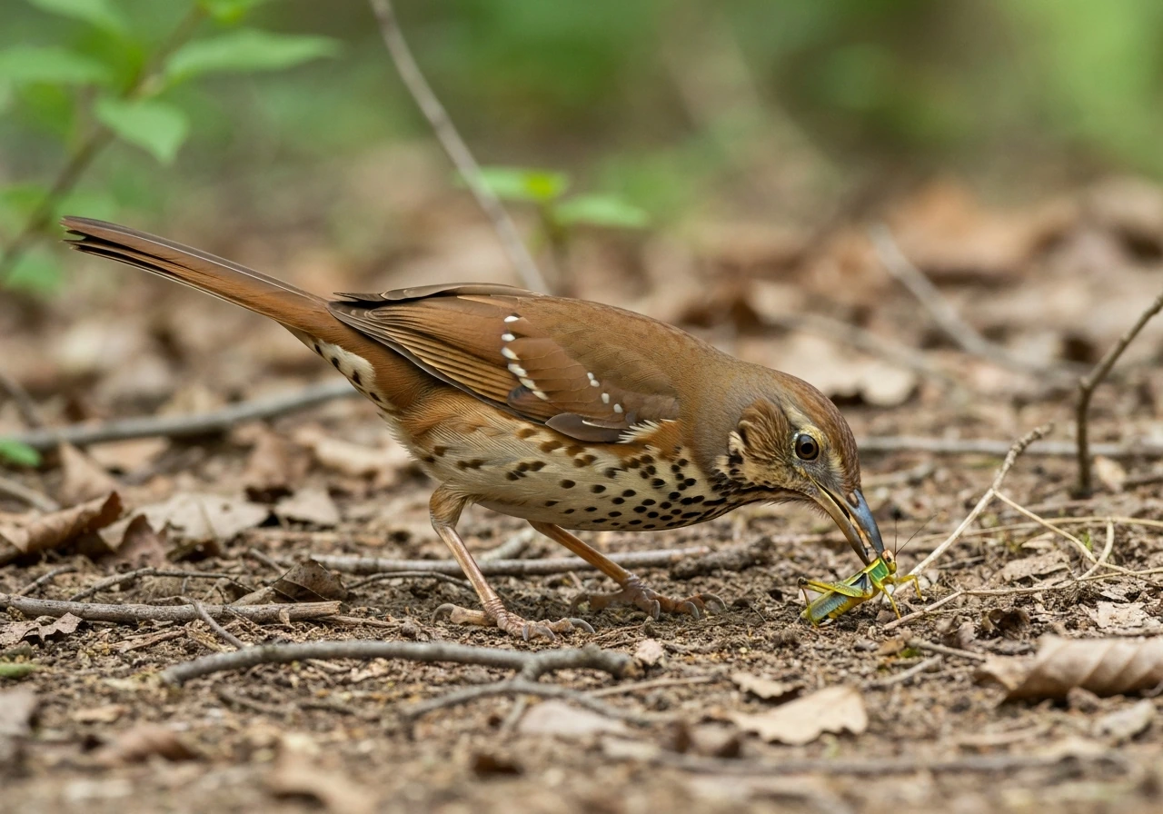 Brown thrasher foraging in leaf litter with a visible grasshopper near its beak