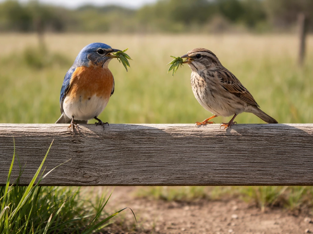 Two small songbirds perched on a fence line in warm daylight near tall grass, natural comparison vibe