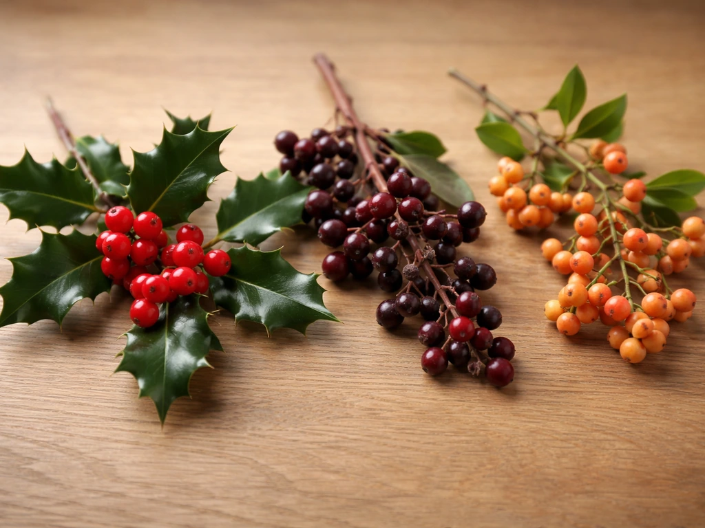 Holly and other ornamental berry branches on wood, illustrating “bird berries” as an umbrella term.