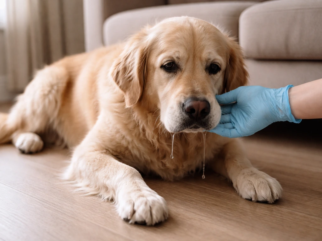 Dog with mild drooling and weakness indoors while a gloved hand gently supports it, triage-focused.