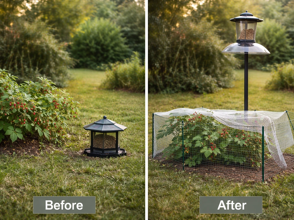 Backyard bird feeder raised beyond dog reach with berry plants fenced off from access.
