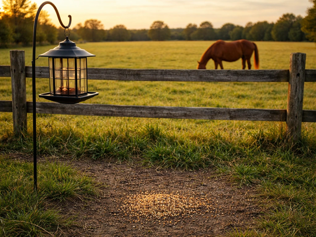 Bird seed by a fence with a grazing horse in the pasture, suggesting horse-safe caution.