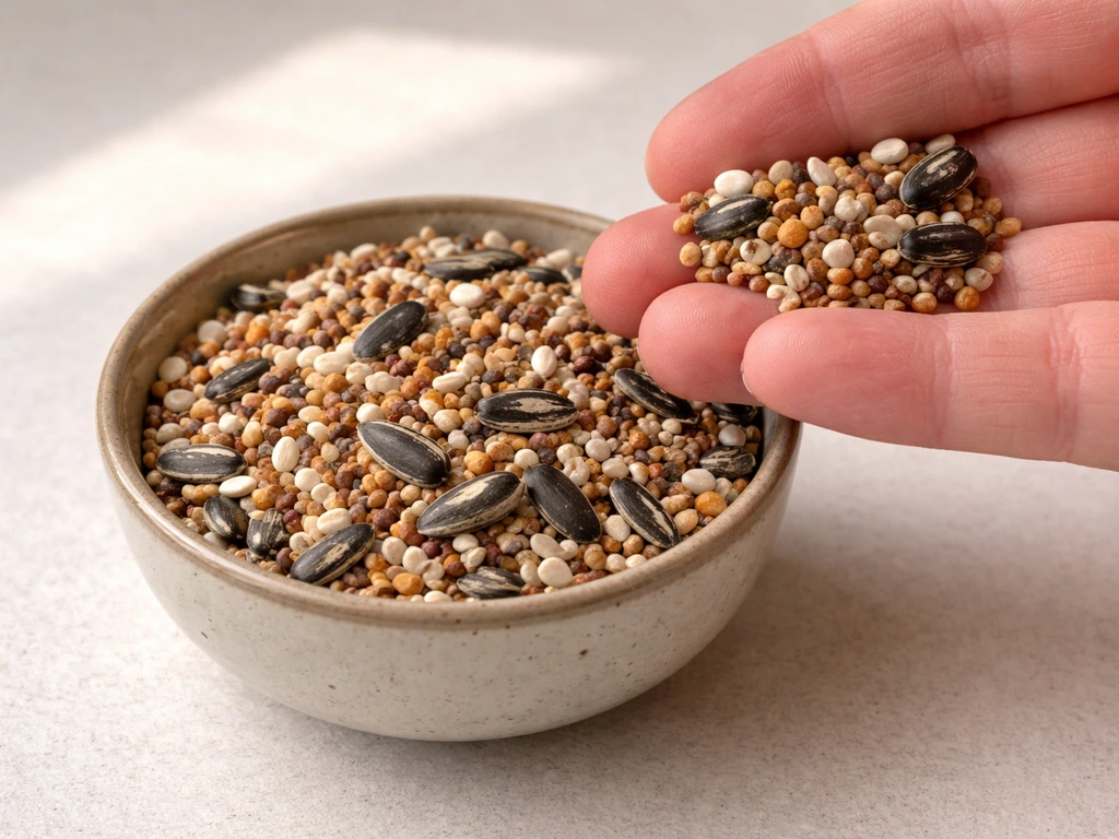 Small bowl and a tiny handful of dry mixed bird seed on a simple background
